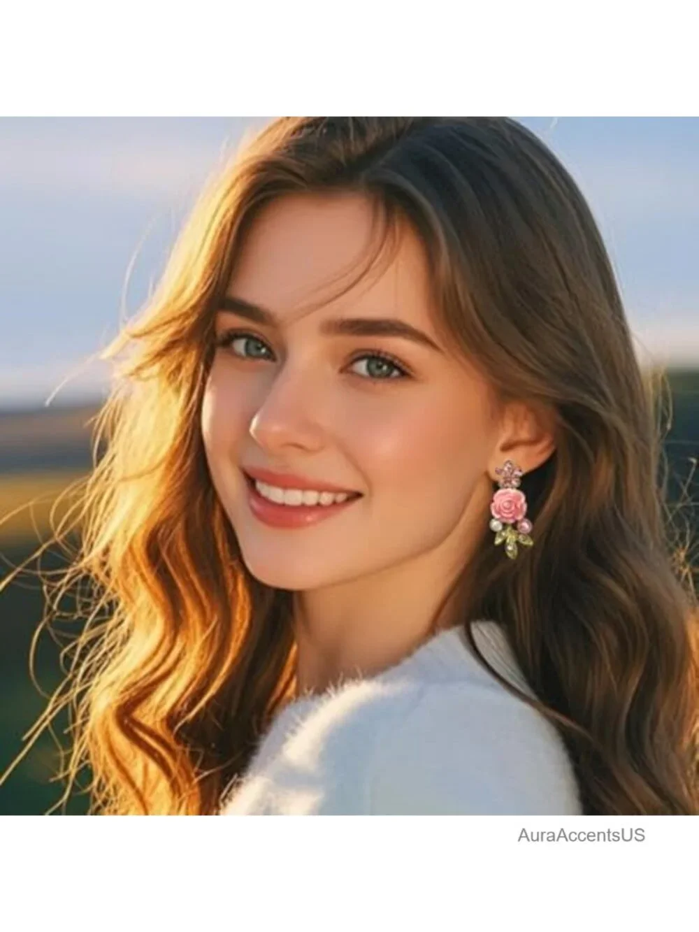 Pink Rhinestone Flower Drop Earrings Women's Fairy Summer Beach Jewelry